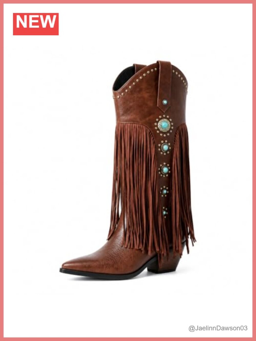 Pointed Toe Faux Leather Knee High Western Boots Fringe Block Heel